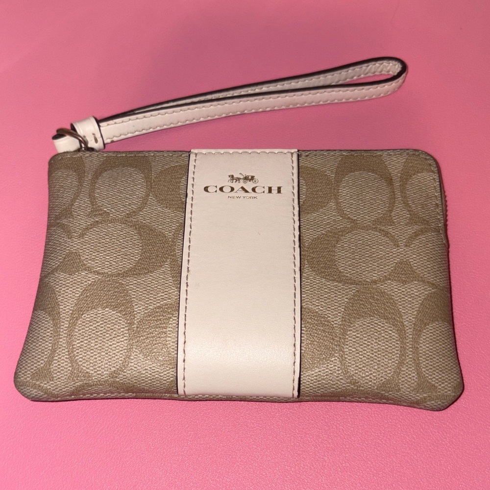 Coach Khaki Canvas Wristlet with Chalk Stripe